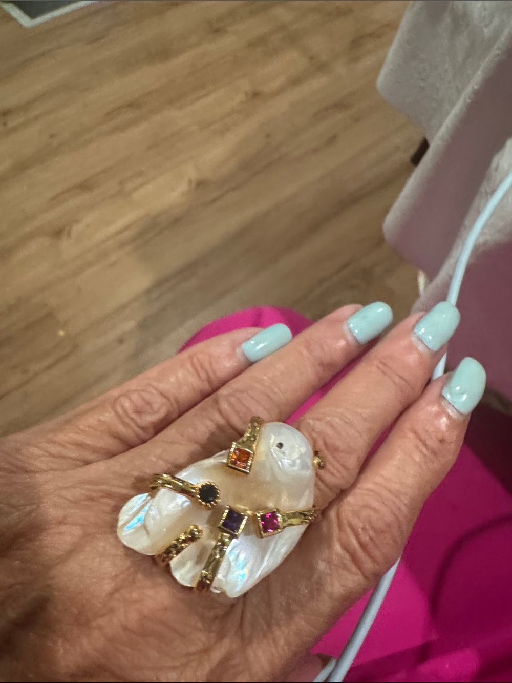Gold-Tone Mother-of-Pearl Bird Ring with Multicolor Gem Accents